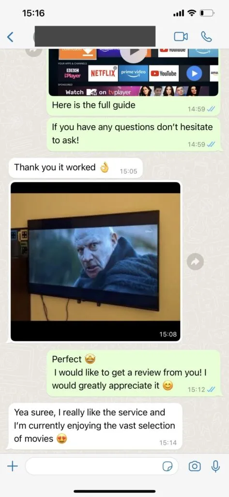 WhatsApp support conversation for IPTV setup 1